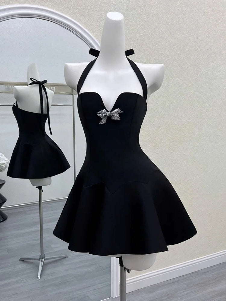 Black Halter A-Line Satin Short Evening Gowns Sweet Homecoming Dress HZ1024