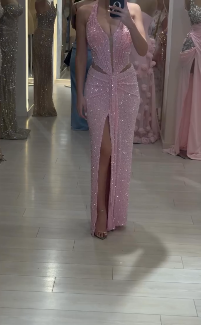 Sweet Pink Halter Sheath Glitter Two-piece Prom Dresses Formal Elegant Evening Dresses with Slits ED03021