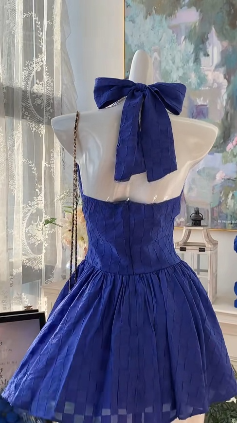 Elegant Navy Blue Halter A-Line Short Party Dress Sweet 16 Dress with Open Back ED03045