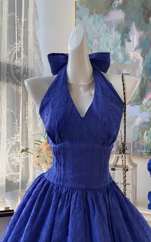 Elegant Navy Blue Halter A-Line Short Party Dress Sweet 16 Dress with Open Back ED03045