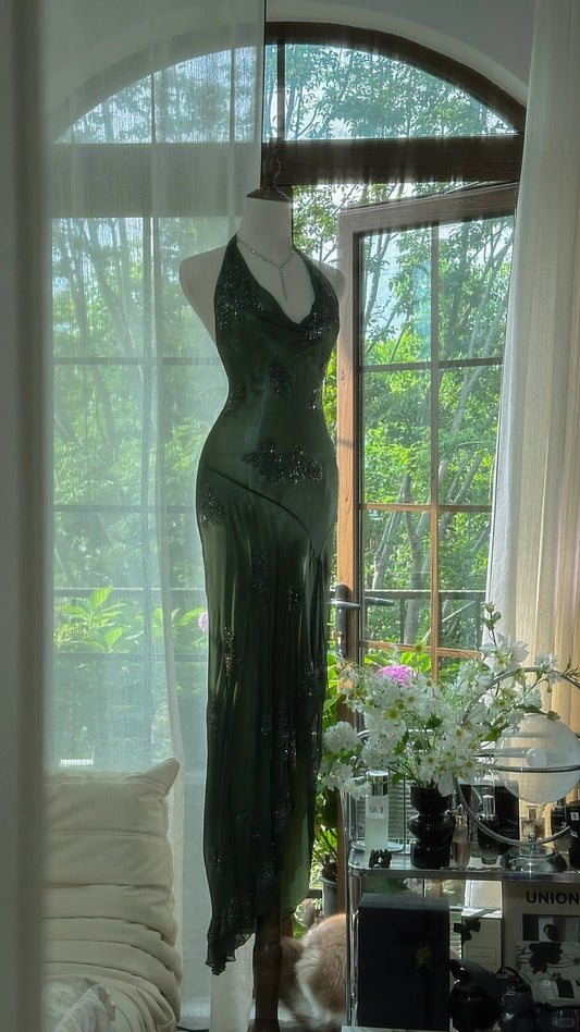 Vintage Green Halter Sheath Beaded Chiffon Long Prom Dresses Elegant Green Evening Gowns ED03052
