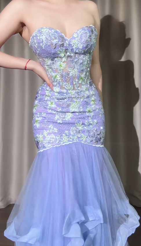 Gorgeous Purple Sweetheart Neck Mermaid Long Tulle Evening Gown Stunning Prom Dresses with Embroidered Appliques ED03123