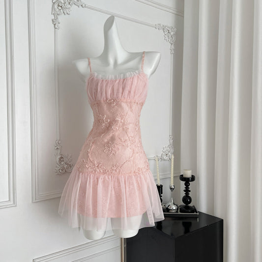 Pink Spaghetti Straps A-Line Tulle Lace Short Birthday Dress Outdoor Party Outfit HZ1024