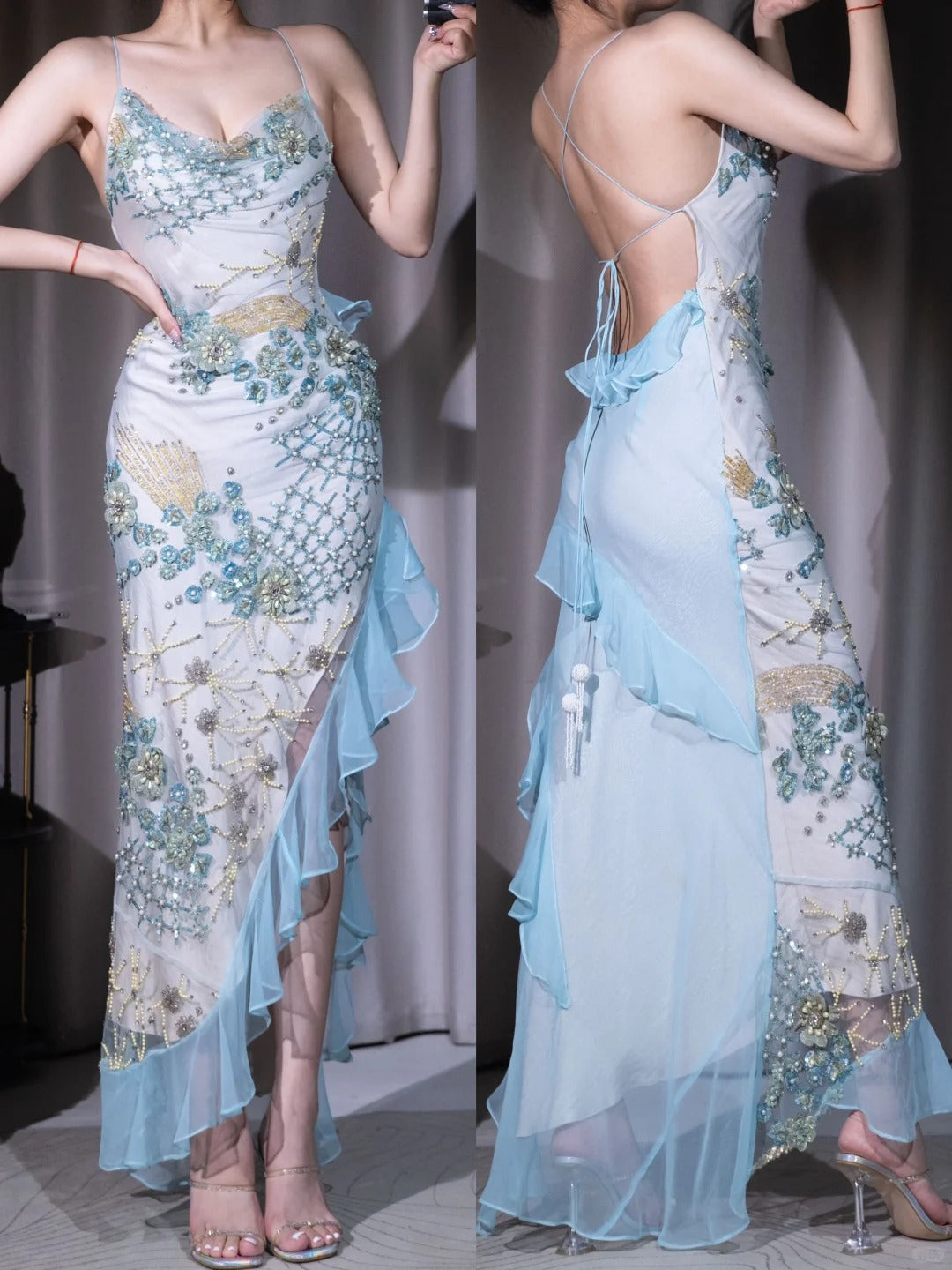 Blue V Neck Sheath Tulle Beaded Long Prom Dresses Retro Backless Evening Dress HZ1024