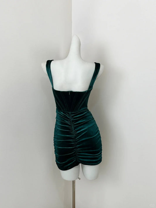 Retro Green Spaghetti Straps Bodycon Velvet Short Prom Dresses Elegant Homecoming Dress ED03143