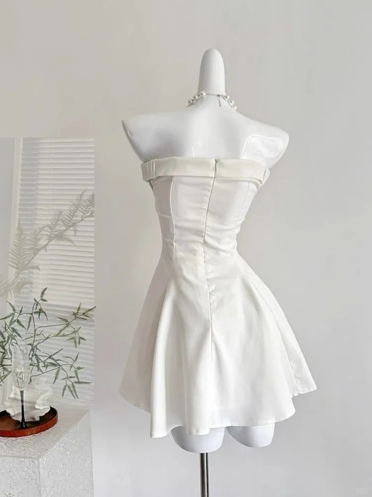 White Strapless A-Line Short Birthday Dress Elegant Party Dress HZ1024