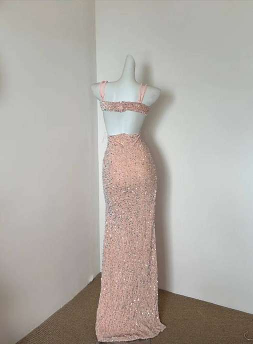 Gorgeous Pink Spaghetti Straps Sheath Sequin Long Prom Dresses Formal Evening Gowns with Slits Wedding Guest Dress ED03167