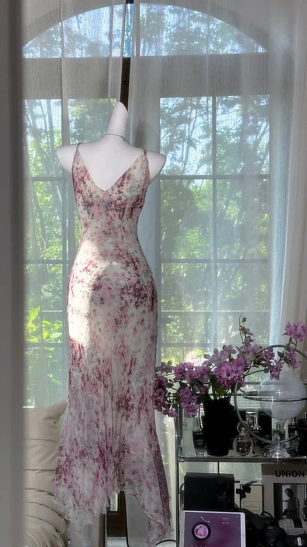 Flowy Purple Print Floral Mermaid Spaghetti Strap Chiffon Prom Dress Evening Dress Formal Dress SH3777