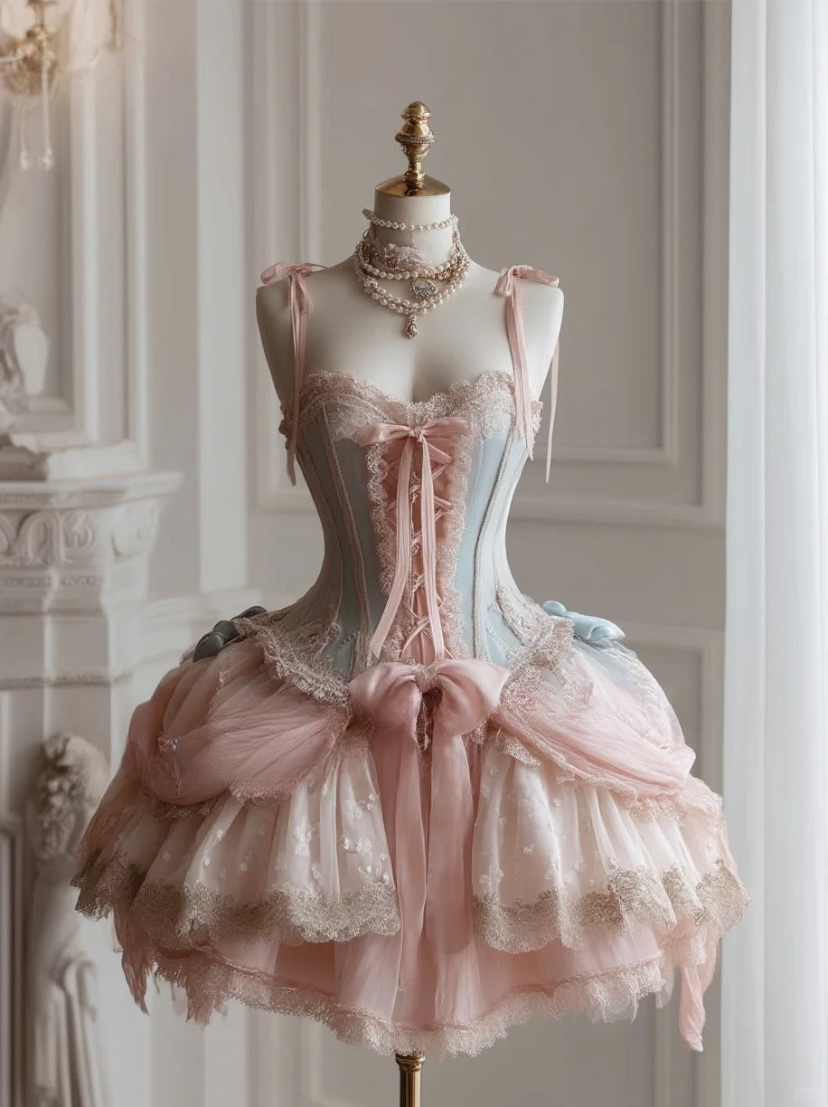 Pink Spaghetti Straps Tulle Lace Lolita Short Prom Dress Sweet 16 Dress HZ1024