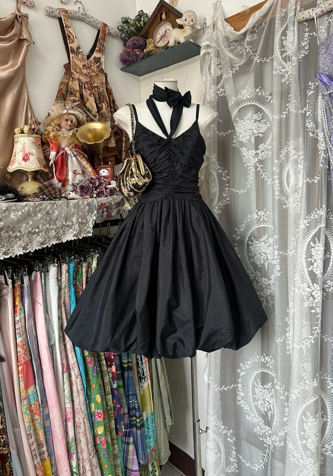 Black Spaghetti Straps A-Line Taffeta Short Prom Dresses Vintage Evening Gowns HZ1024