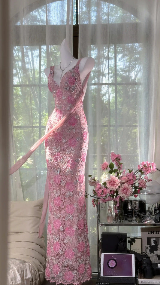 Pink V-Neck Sheath Tulle Beaded Long Prom Dresses Gorgous Backless Evening Gowns ED03258