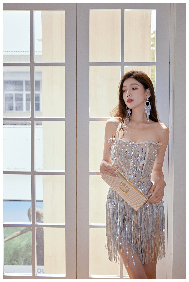 Sheath Strapless Beaded Short Evening Dress Glitter Homecoming Dress With Tassels HZ1024