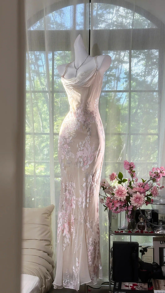 Vintage Sheath Spaghetti Straps Printed Chiffon Long Prom Dresses Glam Evening Dress with Beading ED03292