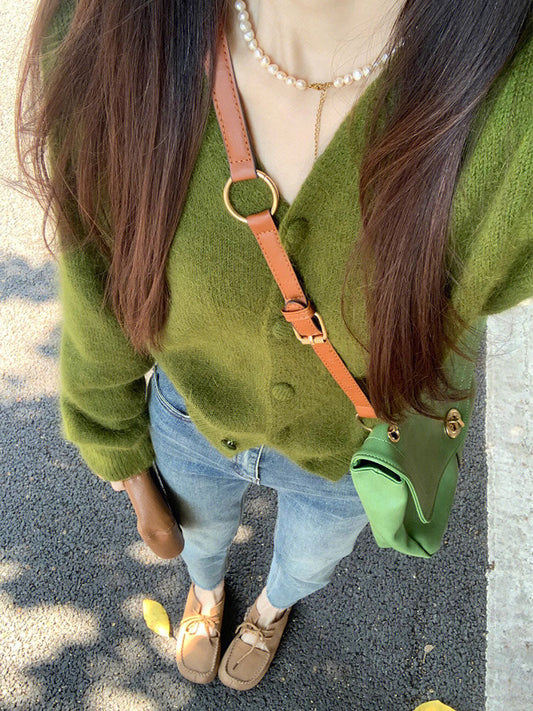 Avocado Green Retro Soft V-Neck Knitted Cardigan ED0331