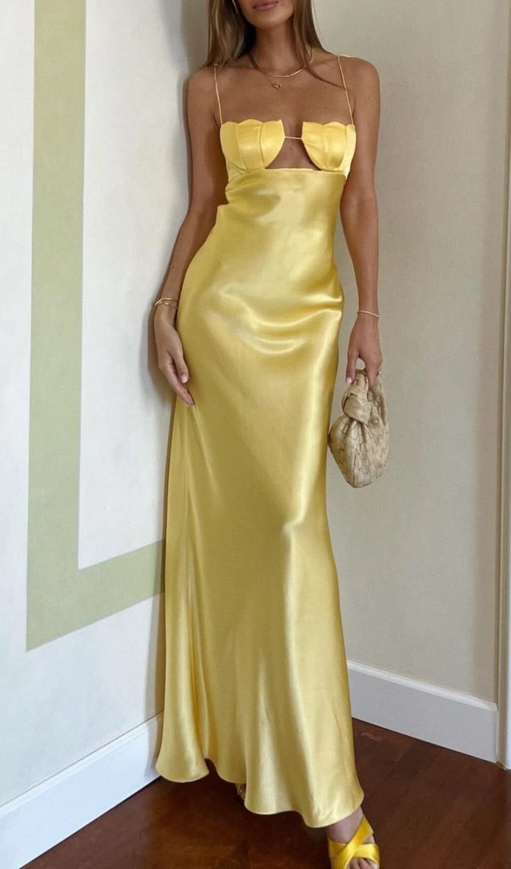 Yellow Spaghetti Straps A-Line Satin Long Prom Dresses, Elegant Evening Gowns HZ1024