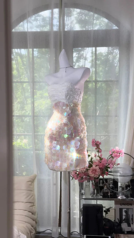 Dreamy Sequin Sheath Sweetheart Neck Layered Open Back Homecoming Dress Cocktail Dress SH3769