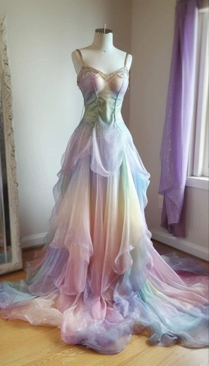 Colorful Spaghetti Strap A-Line Tulle Long Prom Dresses, Stunning Glitter Wedding Dresses HZ1024