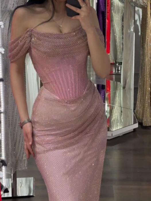 Fairytale Pink Sheath Off-shoulder Long Prom Dresses, Formal Evening Dresses with Slits ED03350