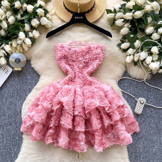 Fashion Rococo Pink Strapless Tulle Applique Short Ball Gown, Sweet 16 Dress ED03367