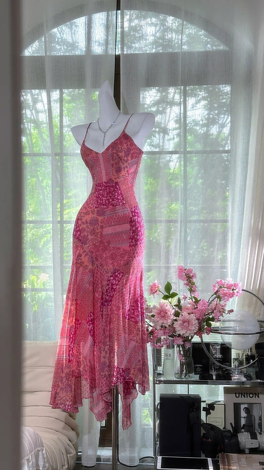 Pink Sheath Printed Chiffon Short Prom Dresses, Spaghetti Strap Evening Dress HZ1024