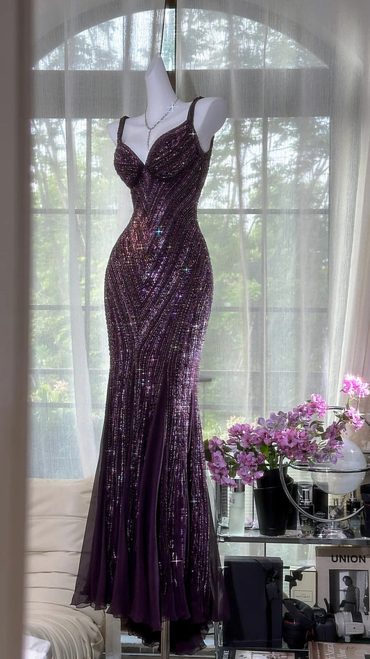 Glamour Dark Purple Guest Dresses V-Neck Mermaid Beaded Chiffon Long Stunning Prom Dresses, Formal Evening Dresses ED03375