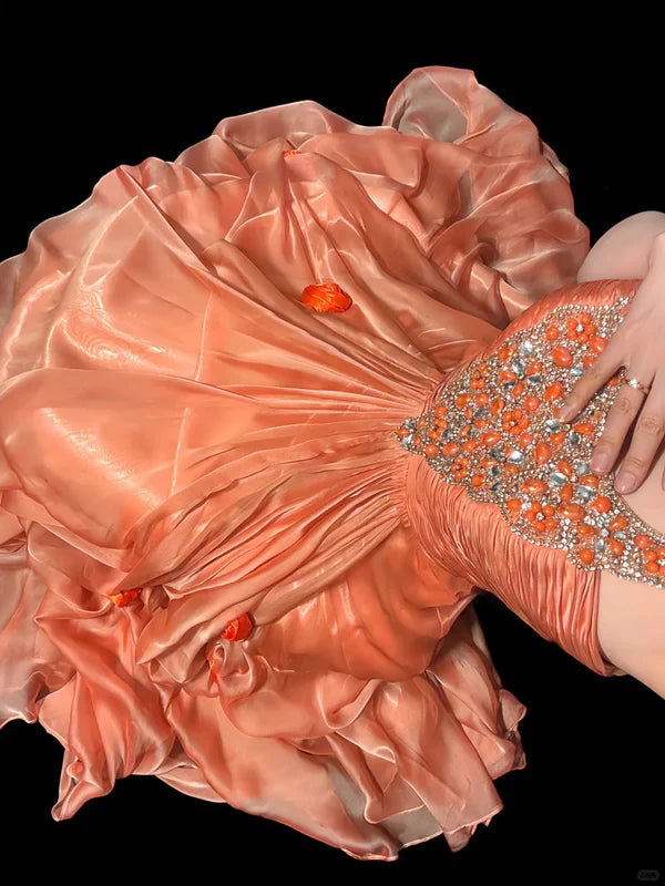 Stunning Orange A Line Straps Beaded Chiffon Prom Dress Party Dress SH3804