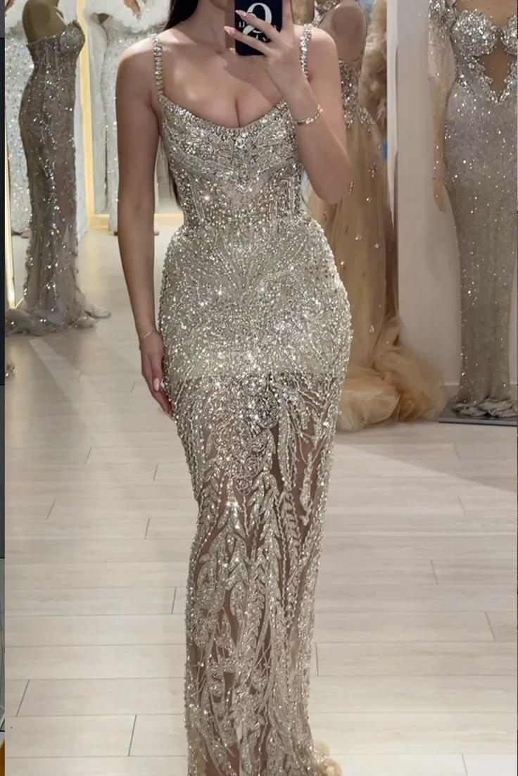 Champagne Gold Sheath Tulle Sequin Beading Long Prom Dresses, Spaghetti Strap Formal Evening Gowns HZ1024