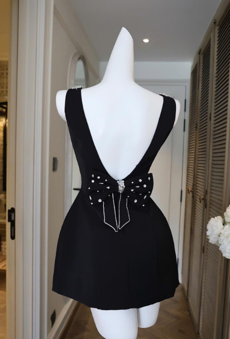 Black V-neck A-Line Satin Backless Short Homecoming Dress with Bow Party Dress HZ1024
