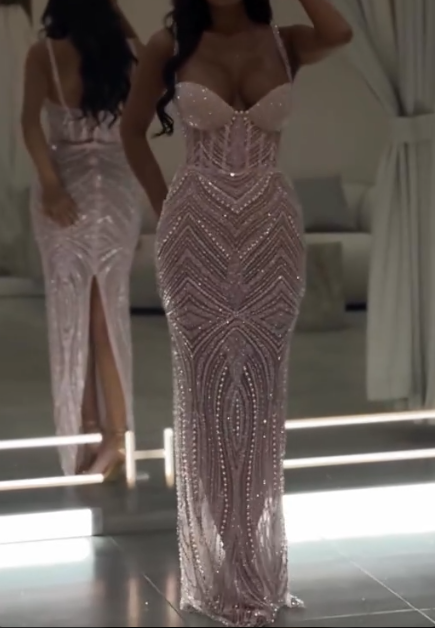 Light Pink Spaghetti Straps Sheath Tulle Beaded Long Evening Gowns Sweet Graduation Dress HZ1024