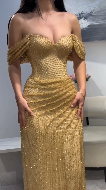 Gold Off Shoulder Sheath Lace Long Evening Gowns, Fashion Slit Prom Dresses HZ1024