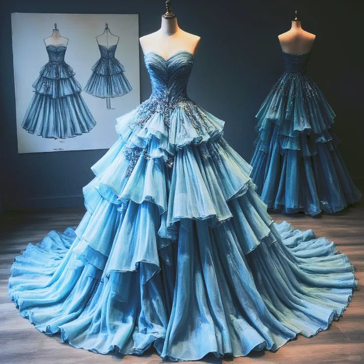 Blue Sweetheart Neck A-Line Layered Tulle Long Prom Dresses Quincea?era Dress HZ1024