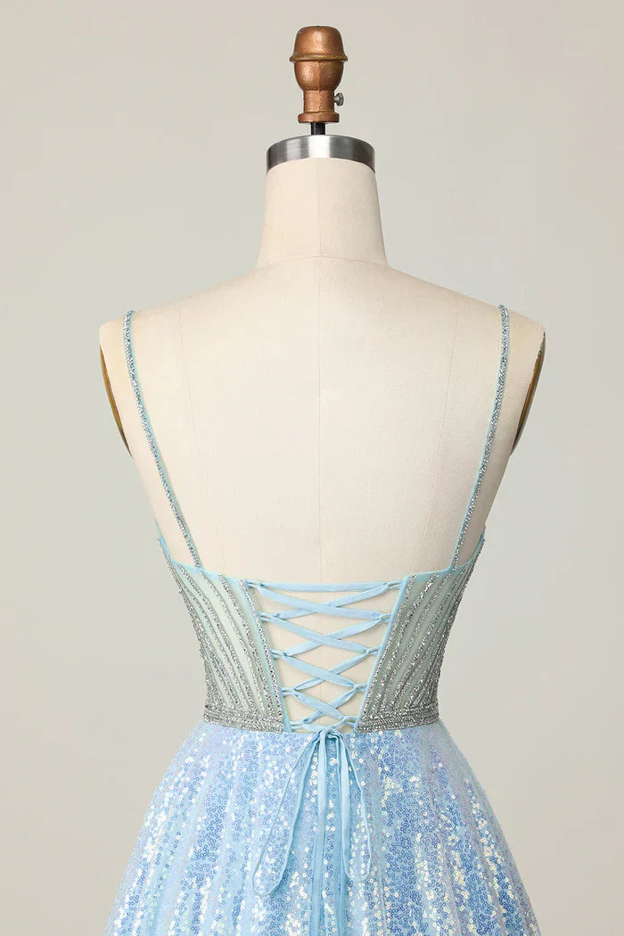 Light Blue A Line V Neck Sequins Homecoming Dress Short Sweet Birthday Dress HZ1024