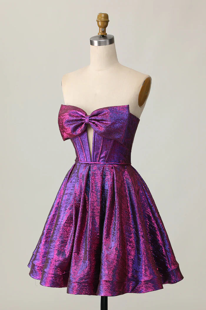 Purple Strapless A-Line Satin Short Homecoming Dress with Bow HZ1024