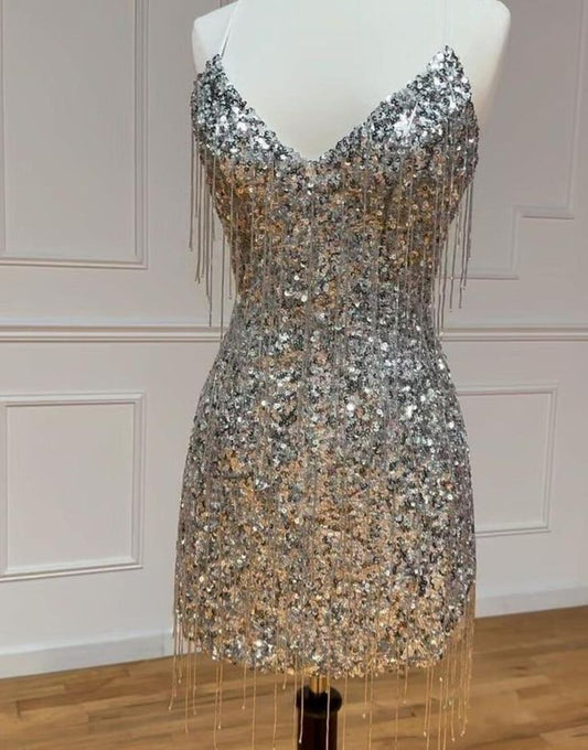 Silver V-neck Bodycon Sequin Short Party Dress Backless Homecoming Dress with Tassels HZ1024