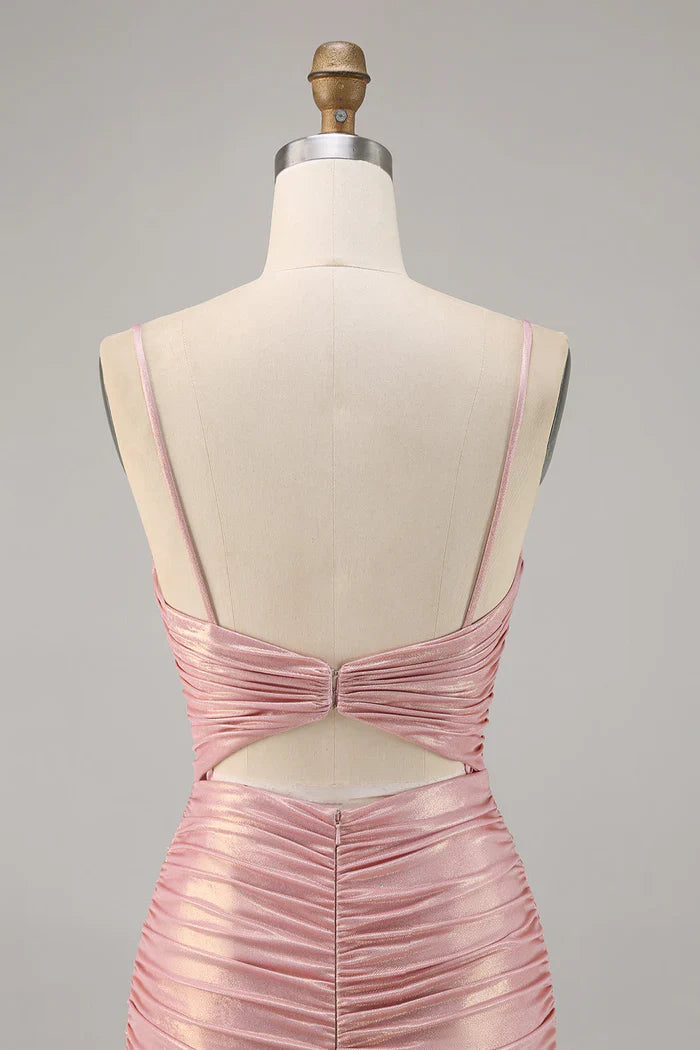 Sexy Pink Spaghetti Strap Bodycon Glitter Satin Backless Short Birthday Dress, Homecoming Dress ED03445