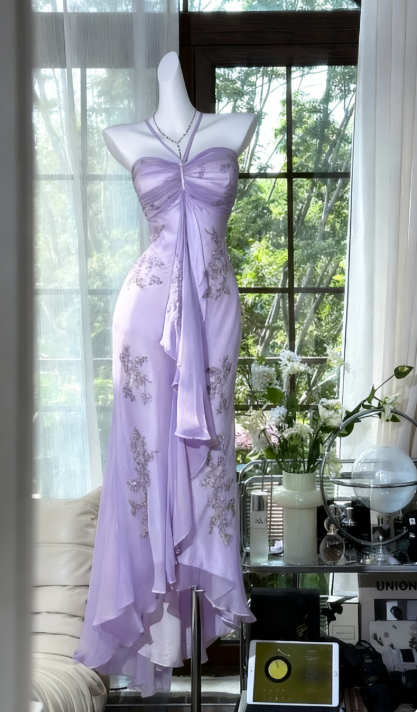 Vintage Halter Sheath Chiffon Beaded Formal Dresses, Light Green Long Prom Dresses ED03464