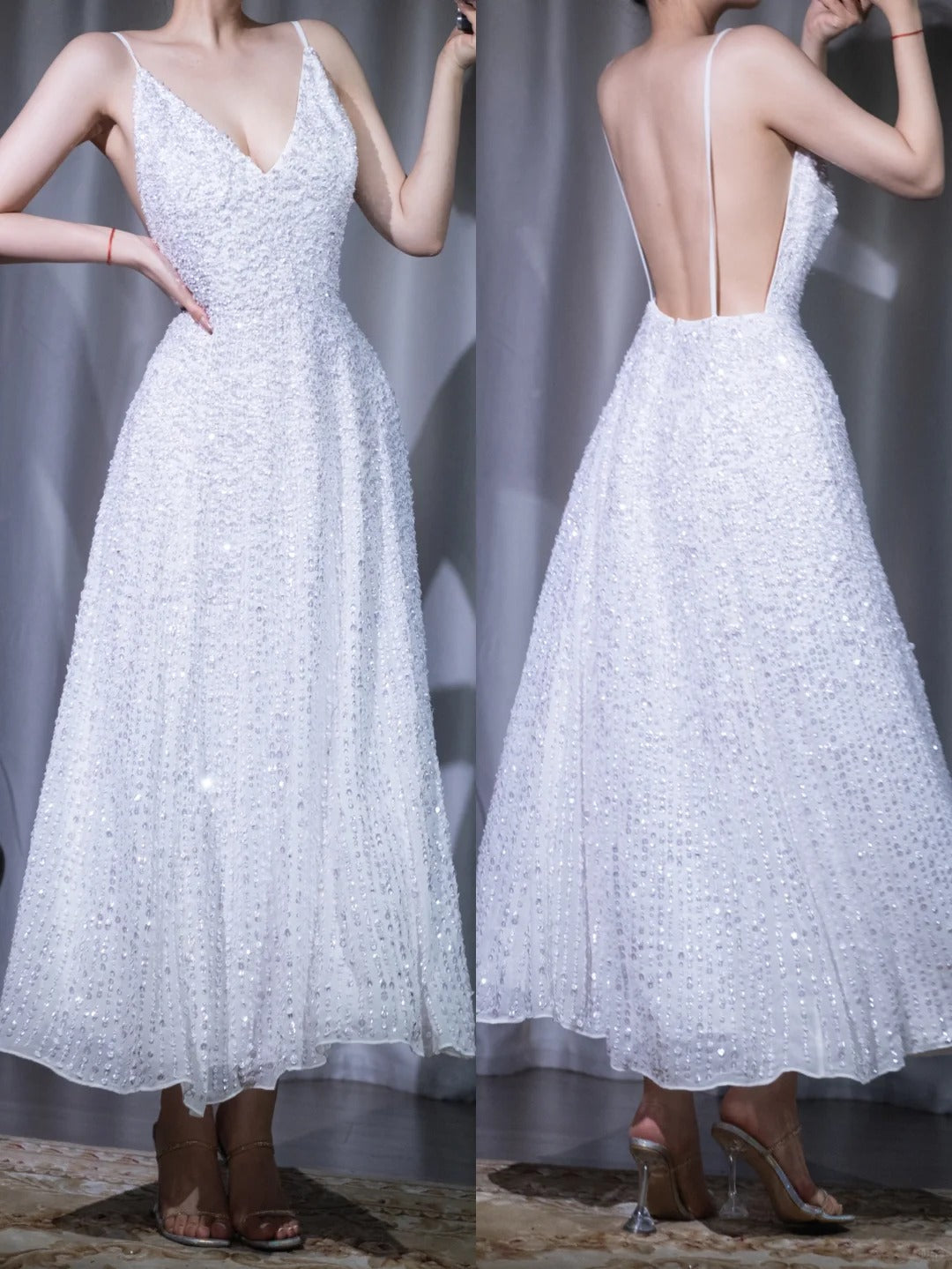 White V-neck A-Line Beaded Tulle Prom Dresses Elegant Backless Evening Dress HZ1024