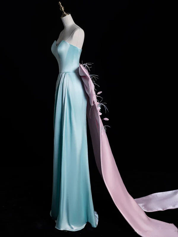 Sweet Blue Sweetheart Neck Sheath Satin Long Birthday Gowns with Bow ED03472