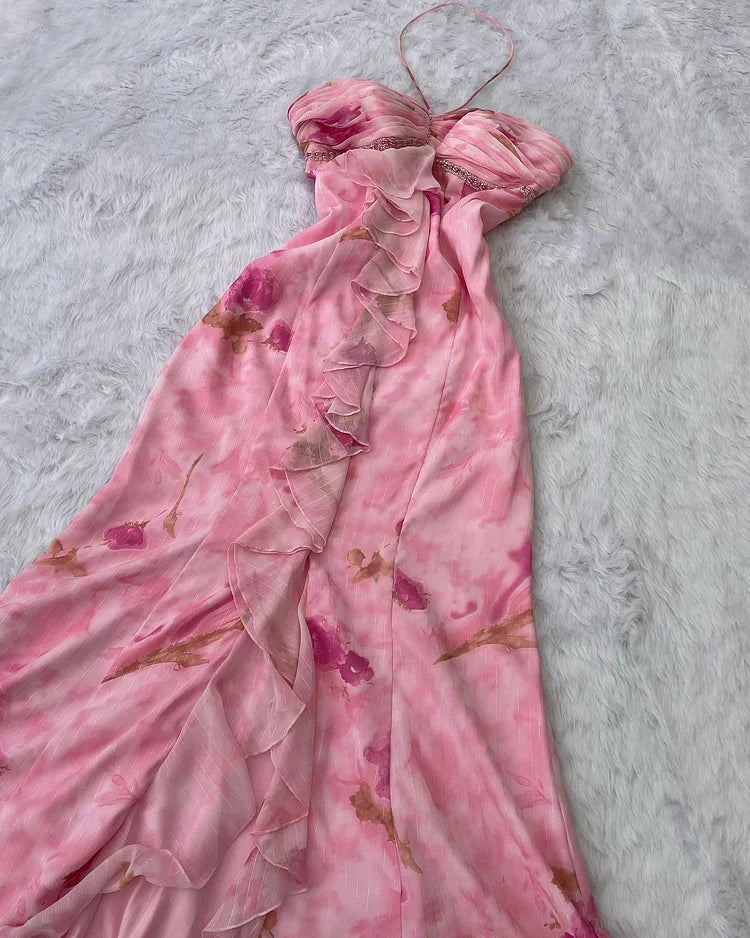 Chic Pink Halter Sheath Birthday Outfit Printed Chiffon Retro Party Dress Formal Dress ED03553