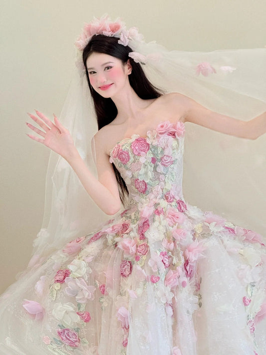 Sweet White Strapless 3D Rose Tulle Wedding Dress Long Ball Gowns Gorgeous Bridal Dress Quinceanera Dress ED03572