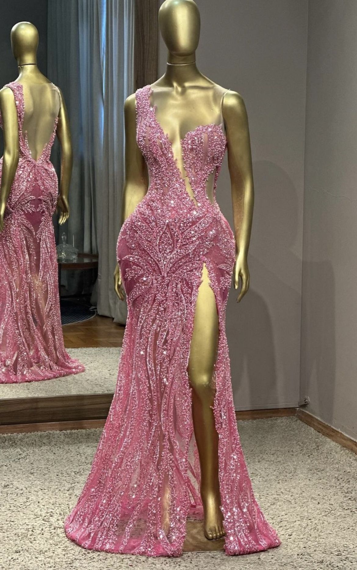 Sparkly Pink One Shoulder Mermaid Evening Gowns Beaded Slits Long Prom Dresses Elegant Formal Dresses ED03590