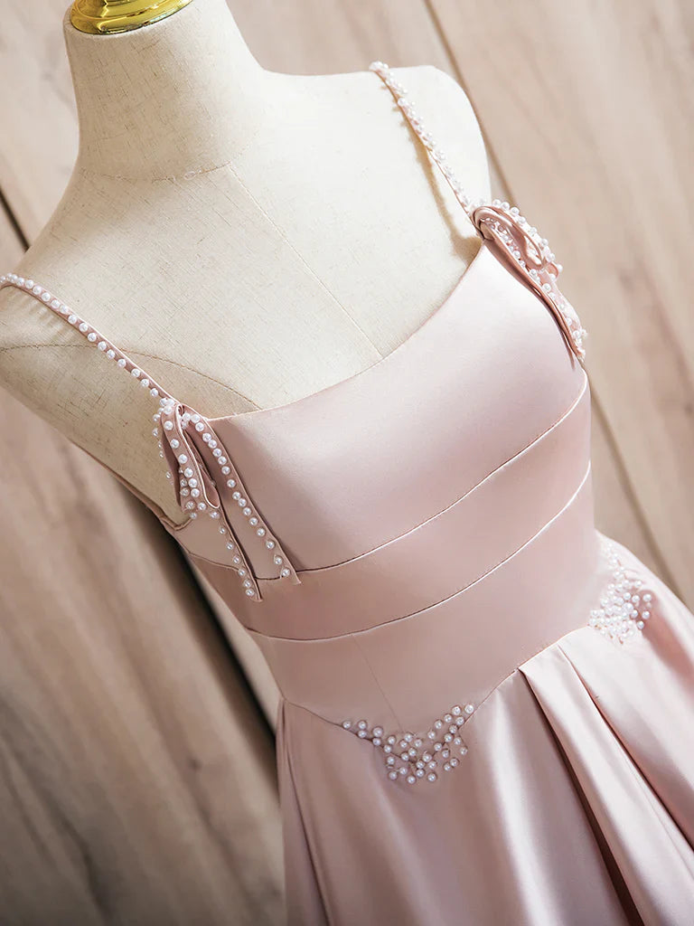A-Line Satin Beads Pink Long Prom Dress, Pink Long Formal Dress ED036