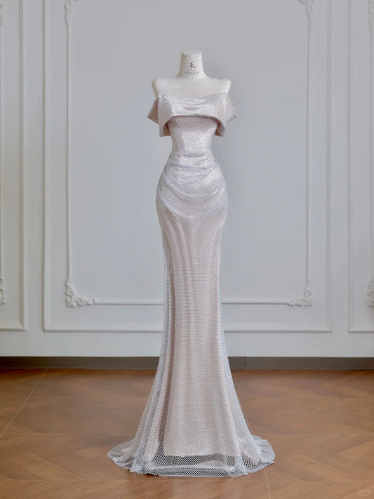 Modest Champagne Formal Dresses Mermaid Prom Dresses Elegant Metal Mesh Long Off-the-Shoulder Evening Gowns ED03623