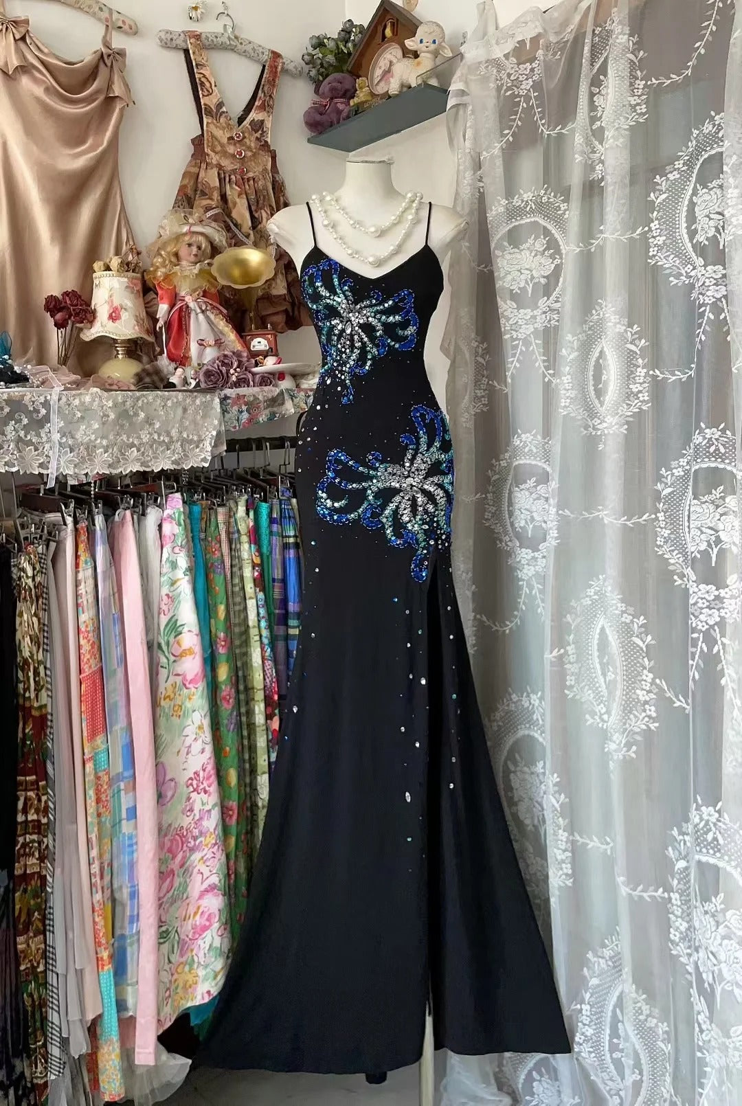 VintageBlack Spaghetti Strap Formal Dress Sheath Chiffon Elegant Prom Dresses Sequin Evening GownsED03672