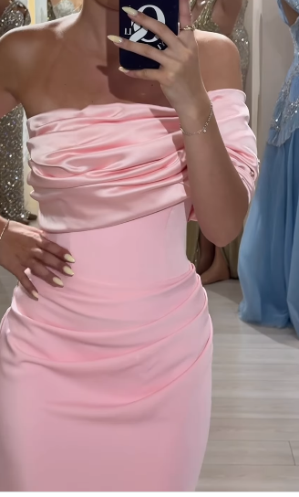Glam Pink Sheath Long Prom Dresses Elegant Satin One Shoulder Evening Gowns ED03680