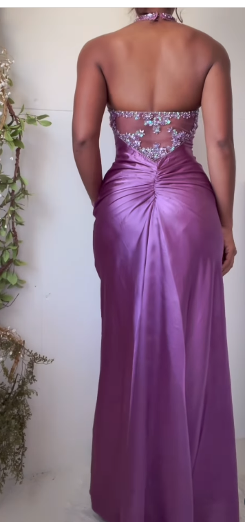 Purple Sheath Long Prom Dresses Elegant Satin Halter Beaded Evening Gowns 22nd Birthday Dress HZ1024