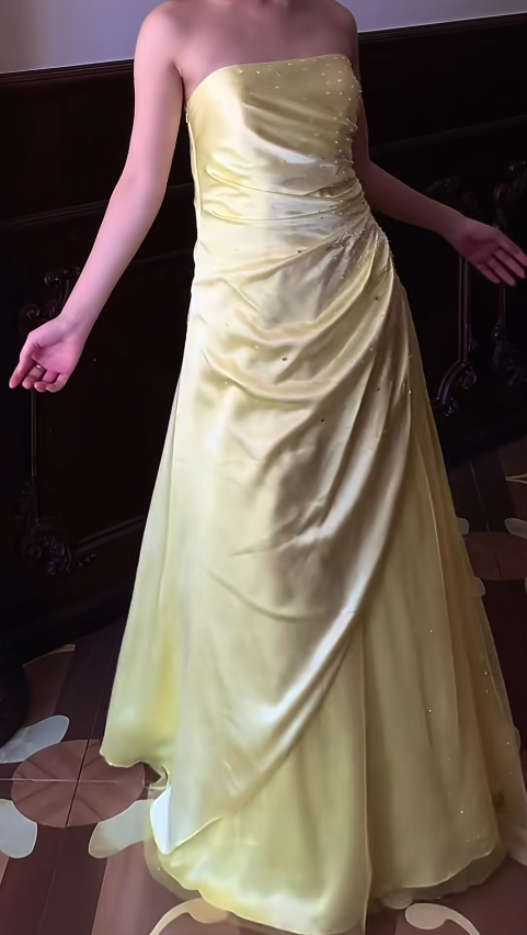 Vintage Butter Yellow Sheath Formal Dress Elegant Strapless Satin Chiffon Evening Gowns Beaded Graduation Prom Dresses ED03689