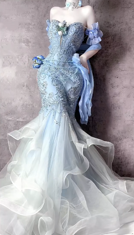 Stunning Sweetheart Blue Sheath Formal Dress Elegant Tulle Applique Evening Gown Beaded Birthday Outfit ED03691