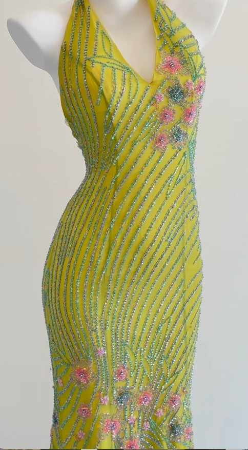 Vintage Yellow Memaid Formal Dress Elegant Beaded Halter Evening Gowns Backless Graduation Dress ED03692