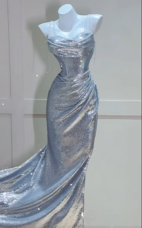 Sparkly Silver Sheath Formal Dress Elegant Sequin Spaghetti Strap Evening Gowns Birthday Dress ED03693